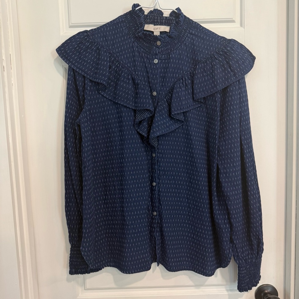 LOFT Ruffle Neck Blouse Navy Smocked Collar Boho Top Size M
